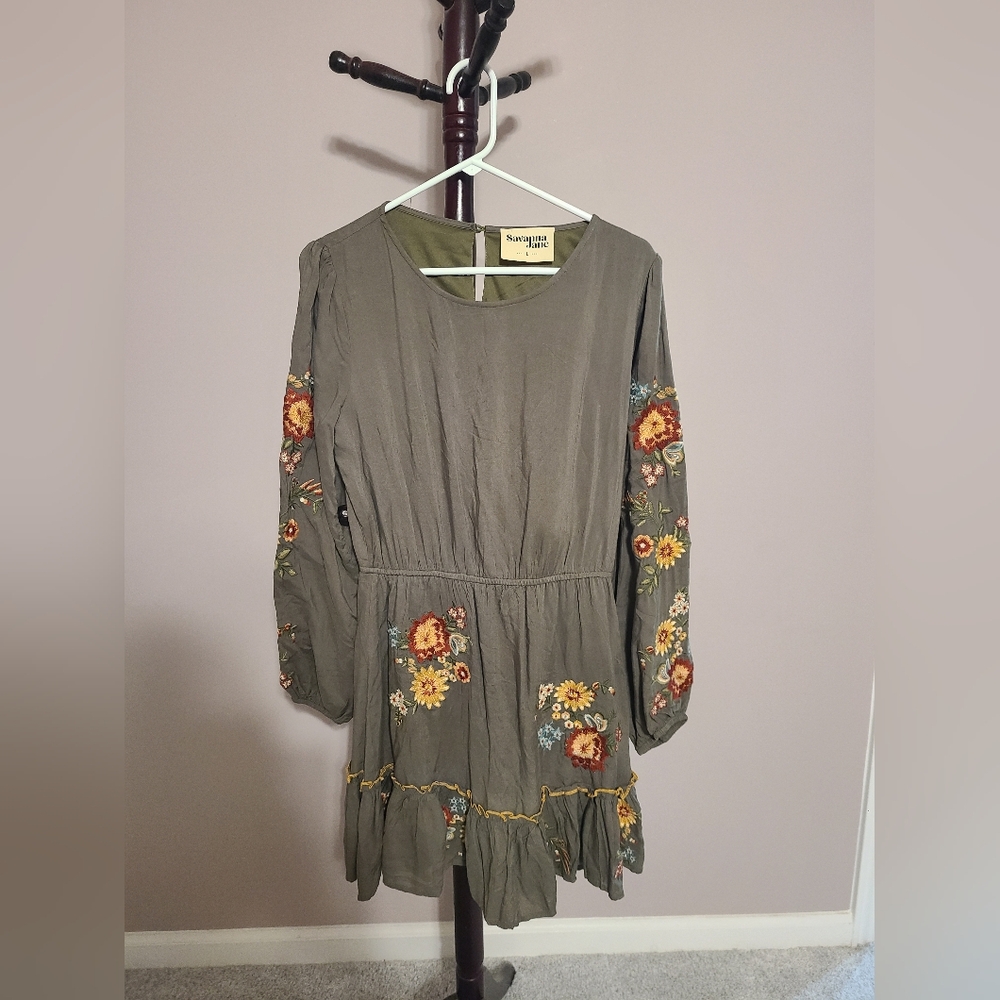 Savanna Jane Floral Dress size Large Bohemian Hippie Olive Green